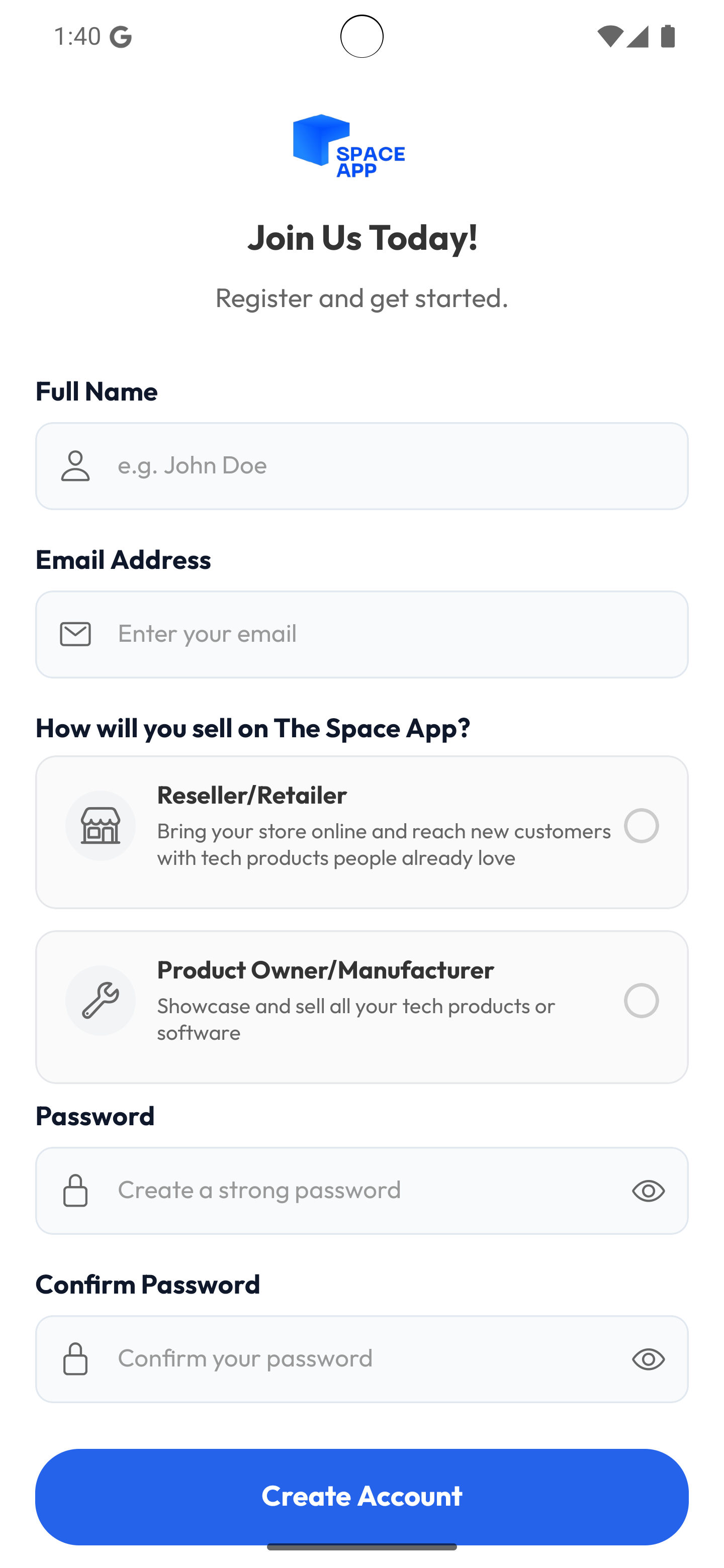Seller Registration Screen